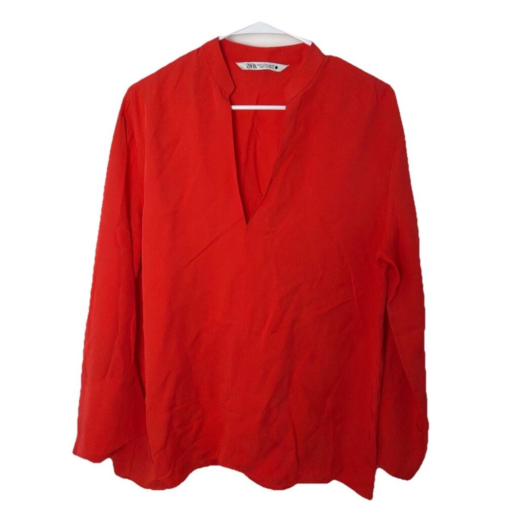 ZARA Women’s Red Split V Neck Long Sleeve Blouse Size M